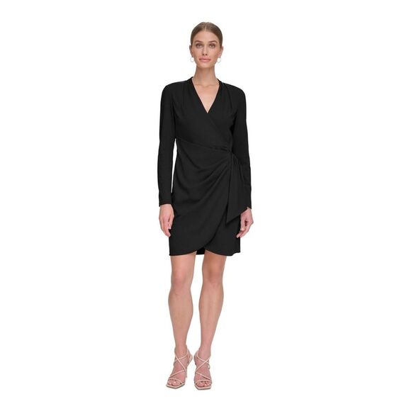 DKNY Dresses & Skirts - DKNY Womens Black Draped Skirt Long Sleeve Above The Knee Faux Wrap Dress 6